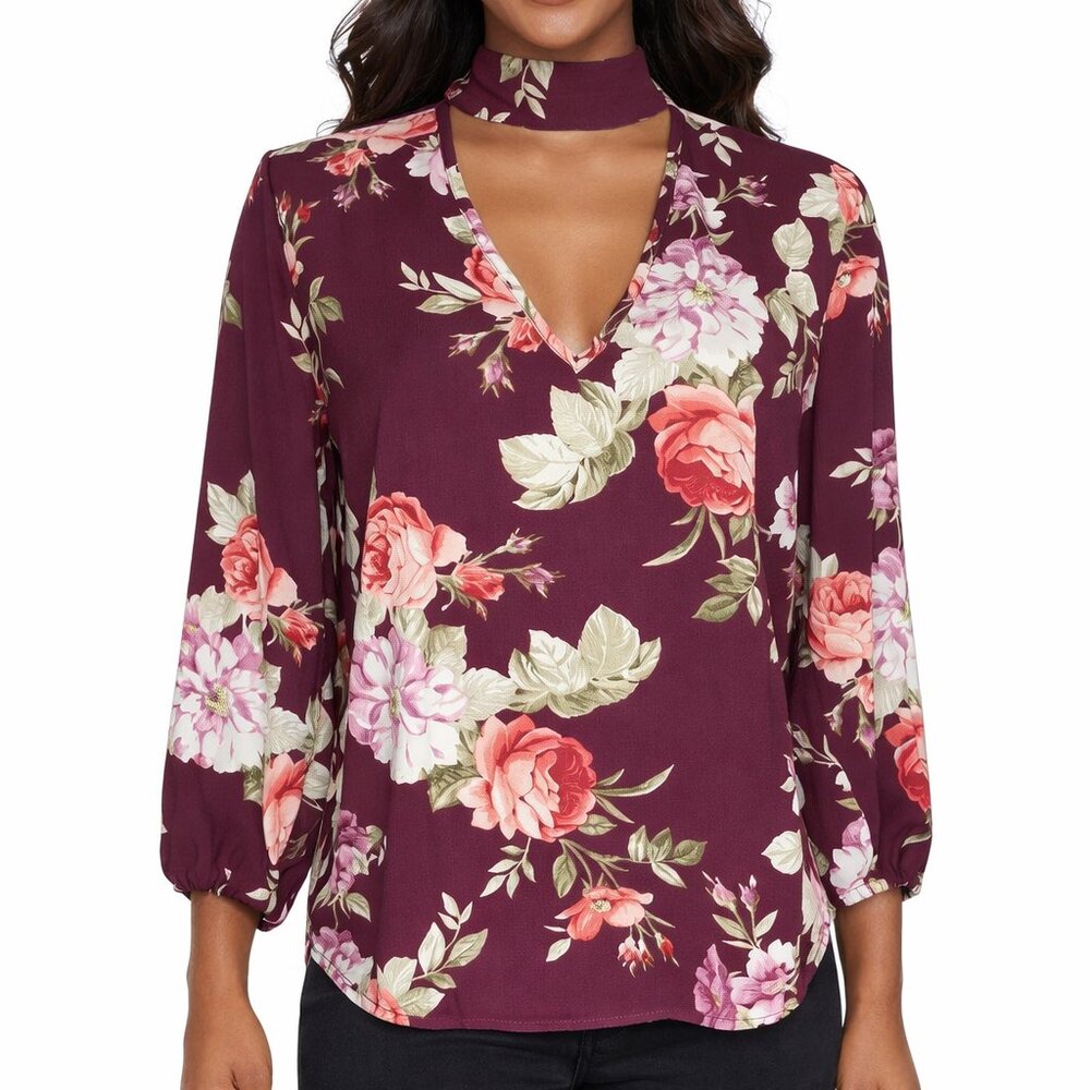 Timing Floral Choker V-Neck Blouse 1X Burgundy Rose Long Sleeve Plus Size Top